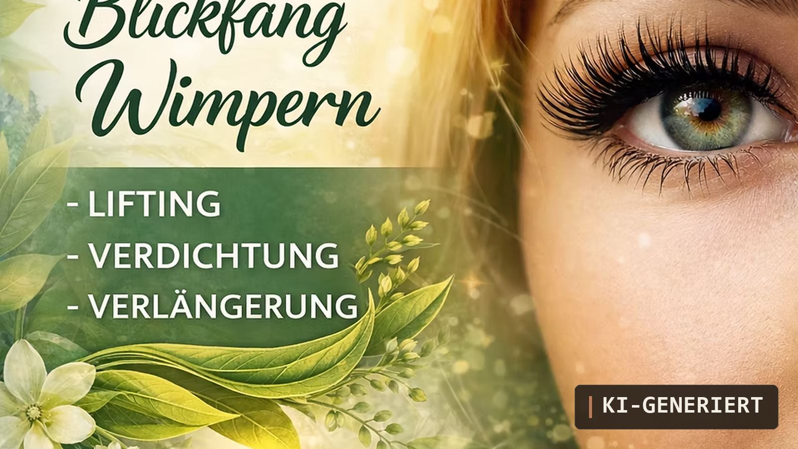 Werbeplakat: das Auge einer Frau mit langen Wimpern, umrahmt von Blüten und Blättern, daneben die Angebote Lifting, Verdichtung und Verlängerung.