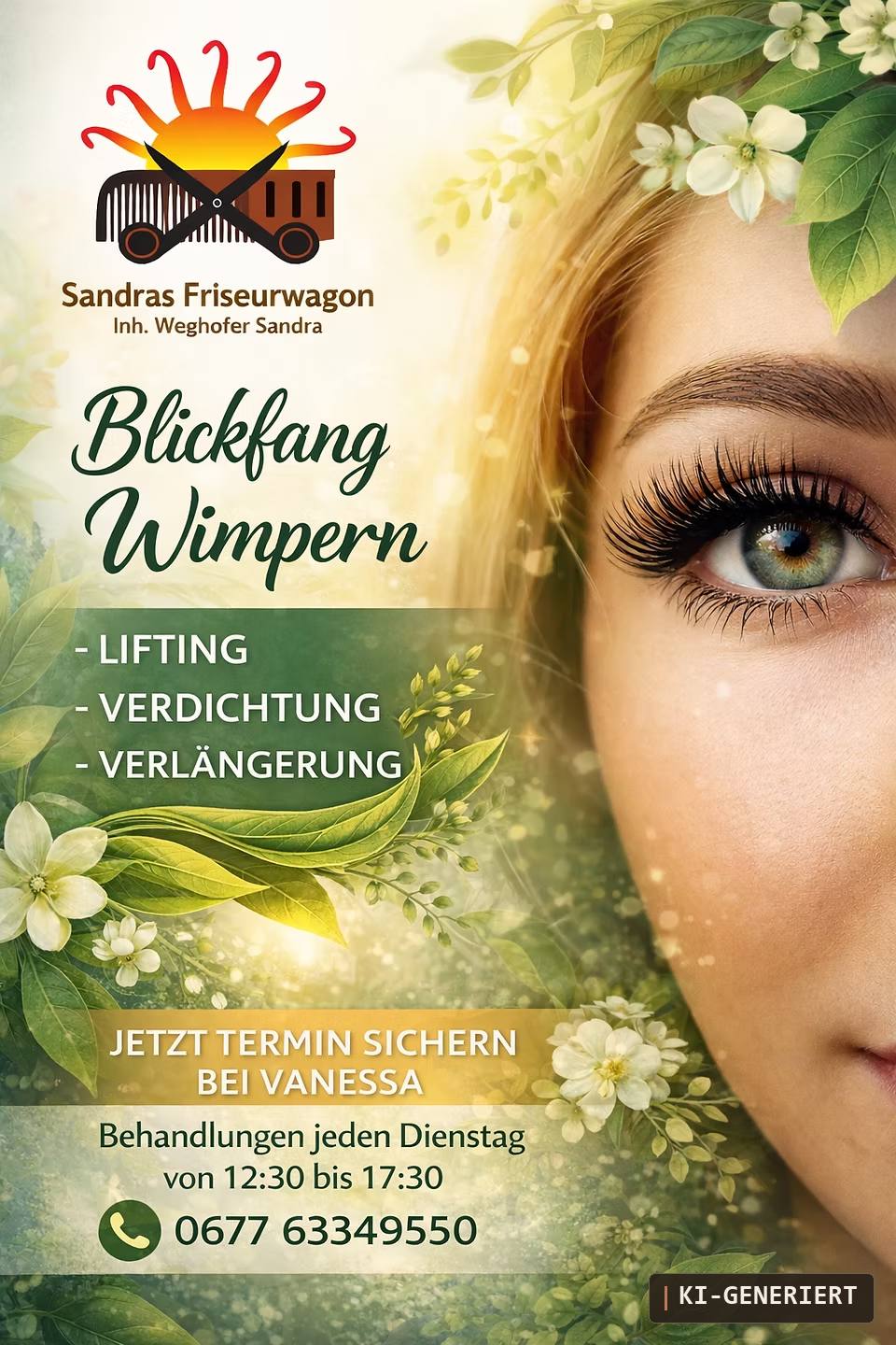 Werbeplakat: das Auge einer Frau mit langen Wimpern, umrahmt von Blüten und Blättern, daneben das Logo und die Angebote Lifting, Verdichtung und Verlängerung.