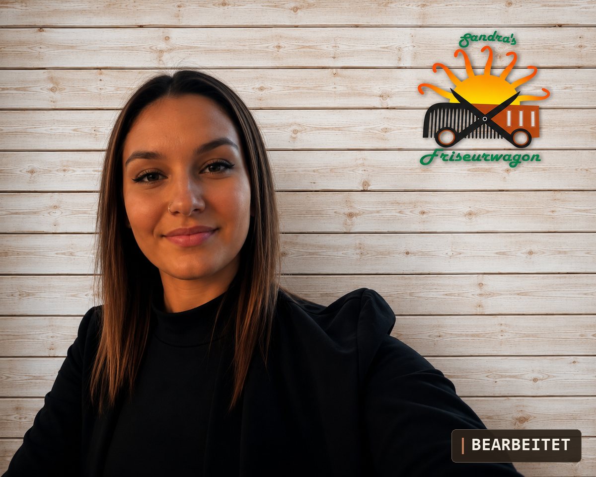 Vanessa vor einer hellen Holzwand, daneben das Logo des Friseurwagons.